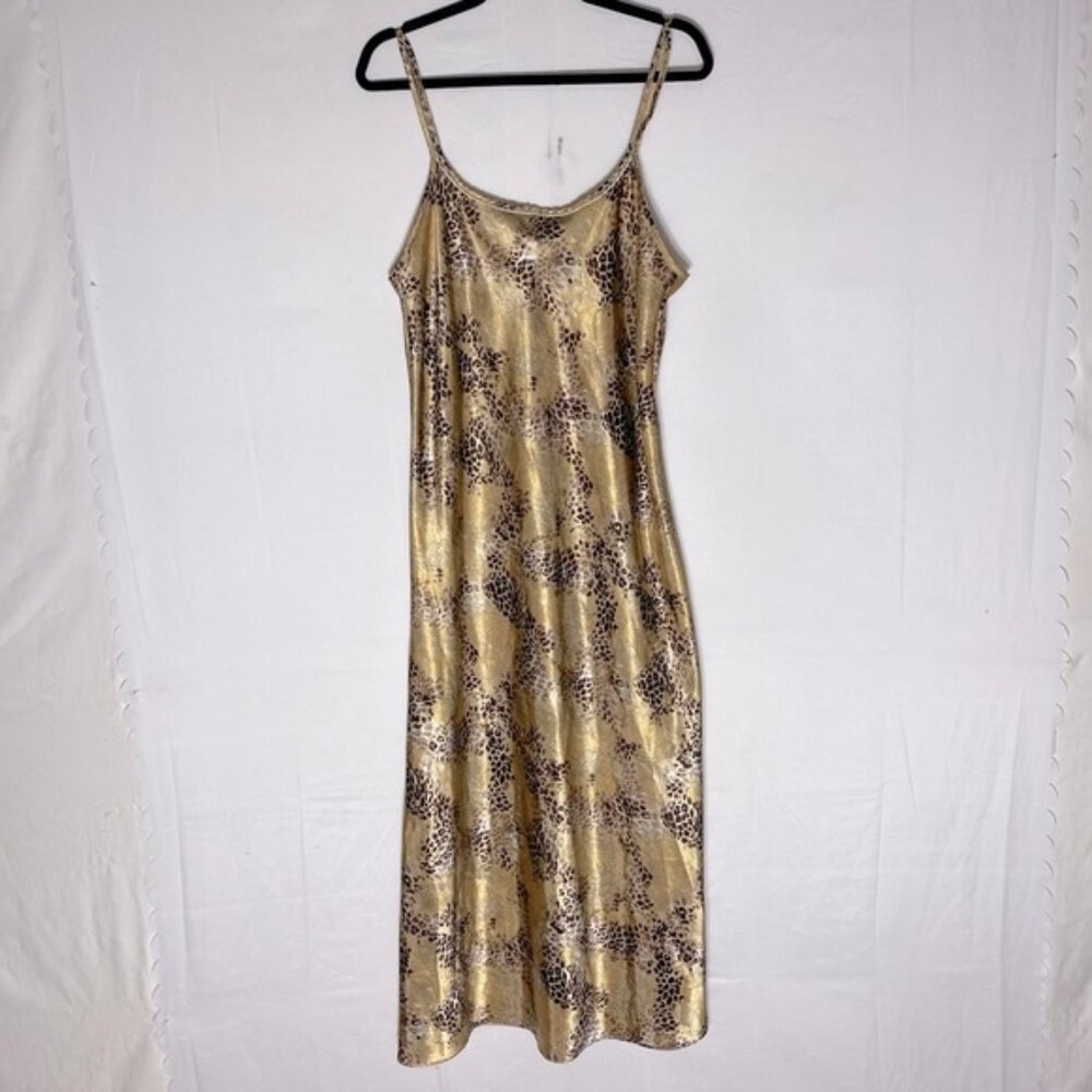 Vintage Premiere Collection Gold Brown Animal Print Satin Maxi Sleep Dress L